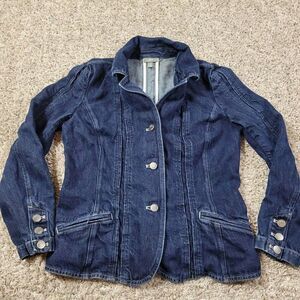 J Jill Denim Jacket Womens 8 Blue Button Up Utility Pockets Distressed Dark Wash